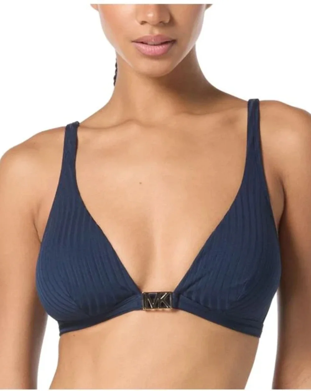Michael Kors Bikini Top Womens Medium Navy Blue MK Gold Hardware Ribbed Swim Bra